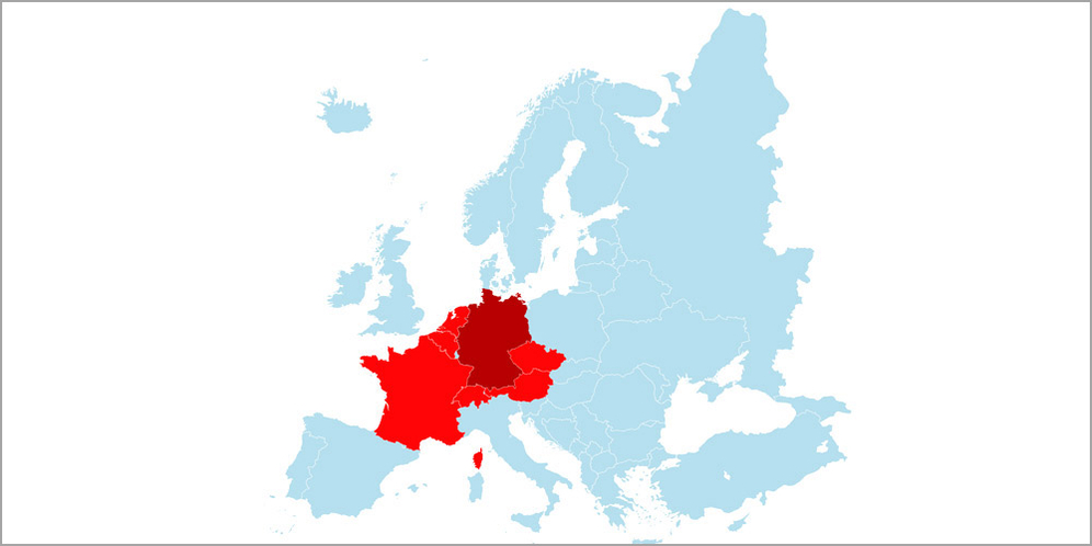 Auf der Europakarte sind Deutschland und die acht Nachbarstaaten (Belgien, Dänemark, Frankreich, Niederlande, Polen, Österreich, Schweiz und Tschechische Republik) rot markiert. 