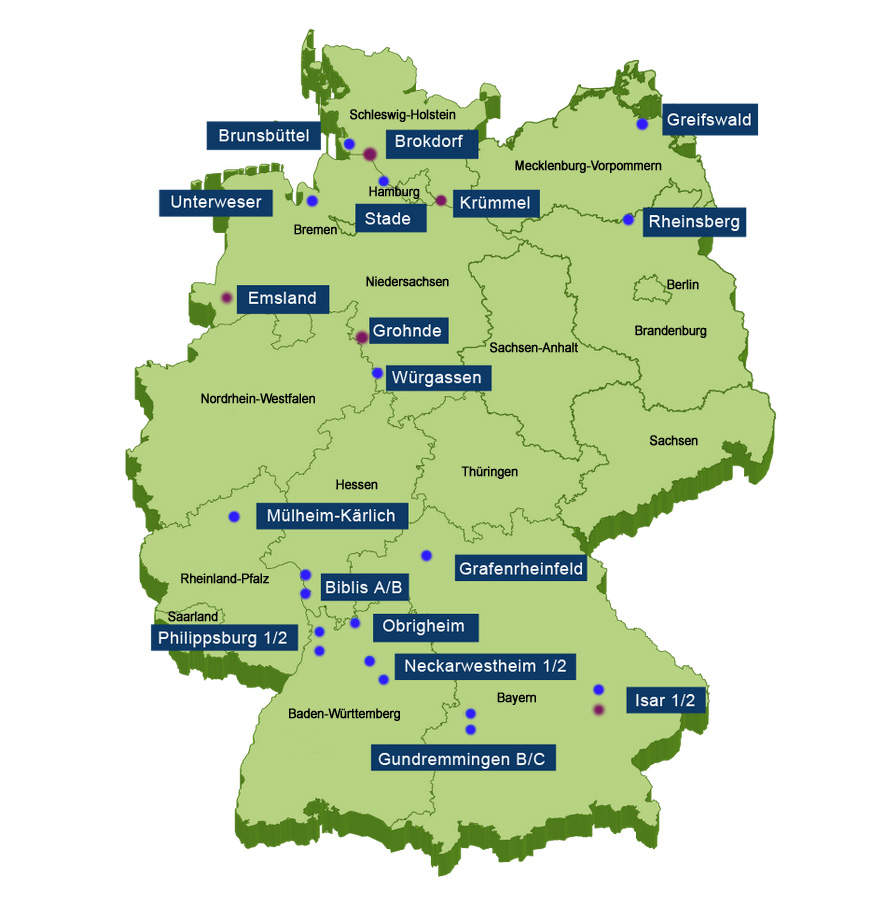 Deutschlandkarte mit Kernkraftwerken in Betrieb, im Nachbetrieb und in Stilllegung. Detaillierte Informationen zur Infografik finden Sie im nachfolgenden Text.