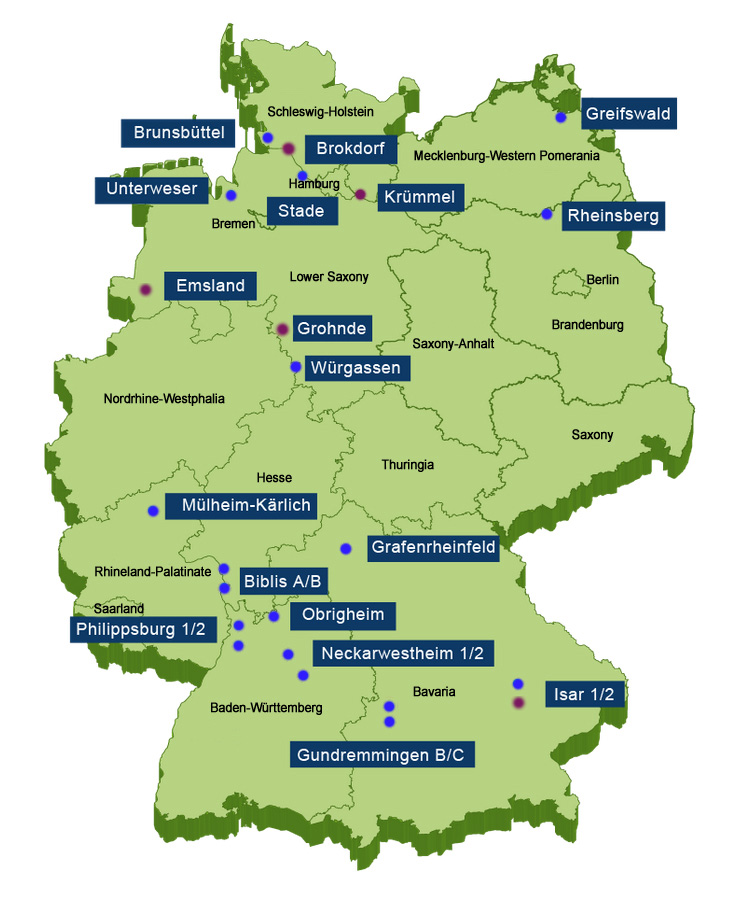 Map of Germany with nuclear power plants in operation, post-operational and decommissioning. Detailed information on the infographic can be found in the text below.